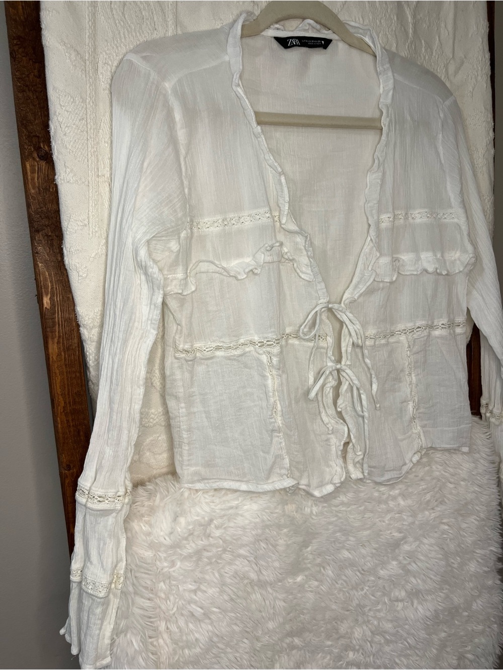 Zara Romantic Lace-Trimmed Tie-Front Blouse - White - Picture 2 of 5